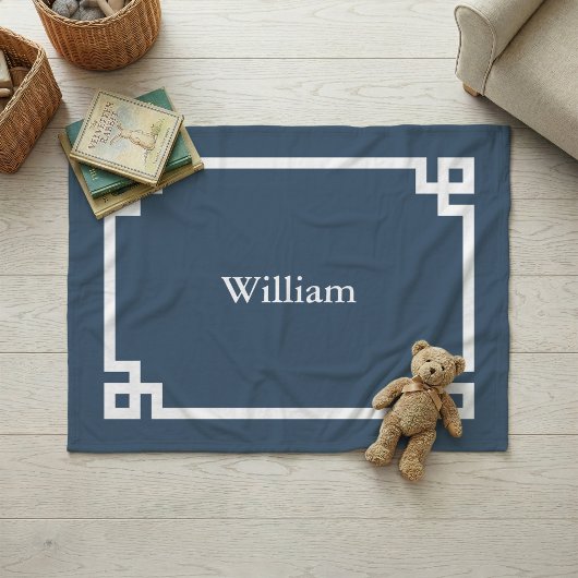 See-Blau und Weiß Griechischer Schlüssel Monogramm Fleecedecke