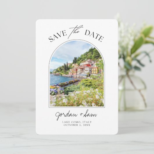 See Como Italien Hochzeit retten Datum Einladung (Stehend Vorderseite)