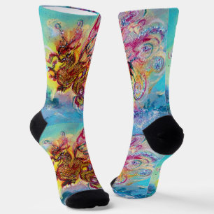 SEE-DRACHE UNTER WELLEN Fantasy Rosa Blau Socken