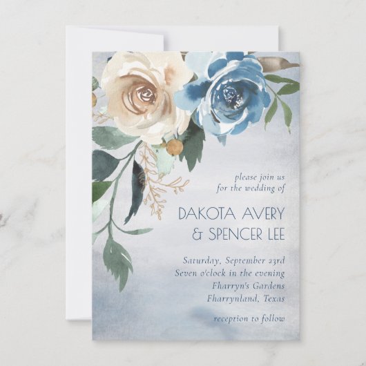 See Floral | Dusty Blue and Off White Wedding Einladung (Vorderseite)