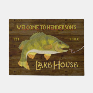 See-Haus-Seebass-Fisch-rustikales hölzernes Korn Fußmatte