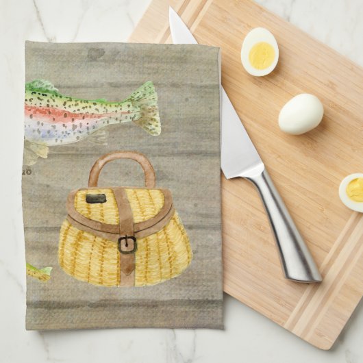 See-Kabinen-Forelle-Fischen-Weidenkorb lockt Geschirrtuch (Viertel Falte)