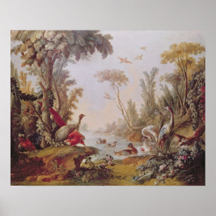See mit Gänsen, Storchen, Papageien und Heronen Poster