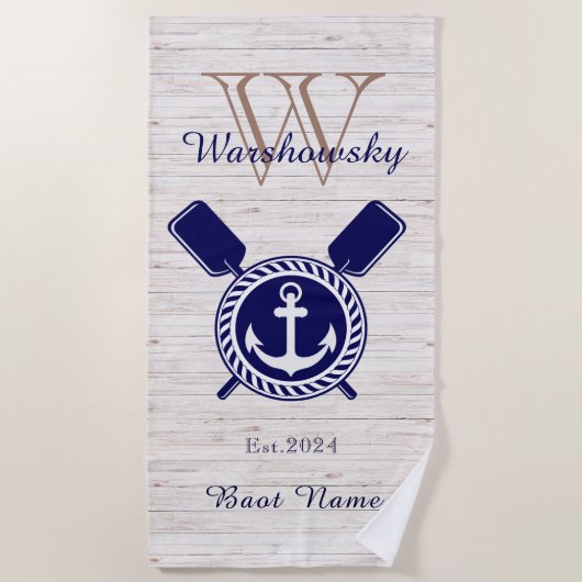See Rustikales Holz Nautical Anchor Navy Blue Strandtuch (Vorderseite)