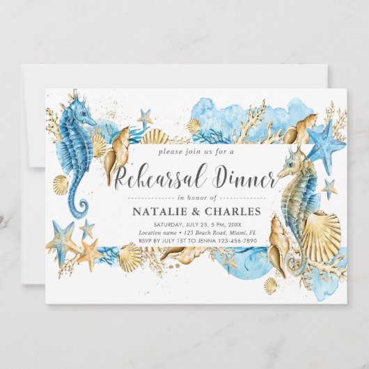 See-u. Strand-Hochzeits-Seepferd-Proben-Abendessen Einladung (Vorderseite)
