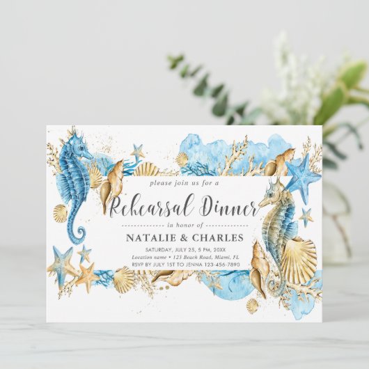 See-u. Strand-Hochzeits-Seepferd-Proben-Abendessen Einladung (Stehend Vorderseite)