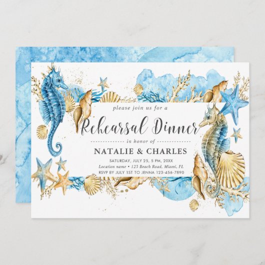 See-u. Strand-Hochzeits-Seepferd-Proben-Abendessen Einladung (Vorne/Hinten)