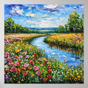 See und Blumenfeld Friedliche Naturlandschaft Poster