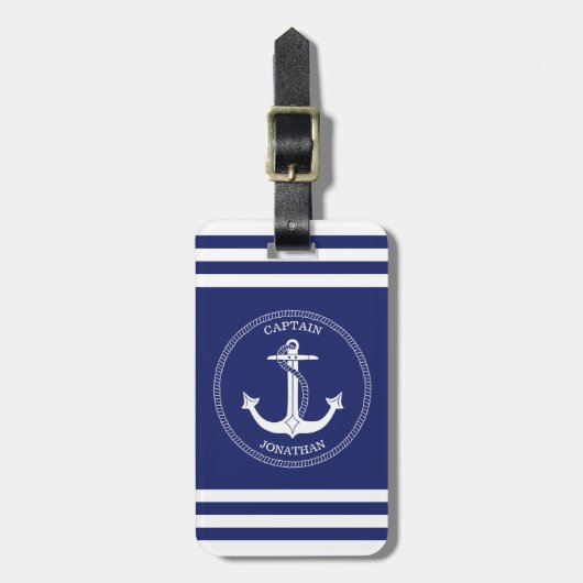 Seeanker-Marine-Blau-Weiß Stripes Monogramm Gepäckanhänger (Vorderseite vertikal)