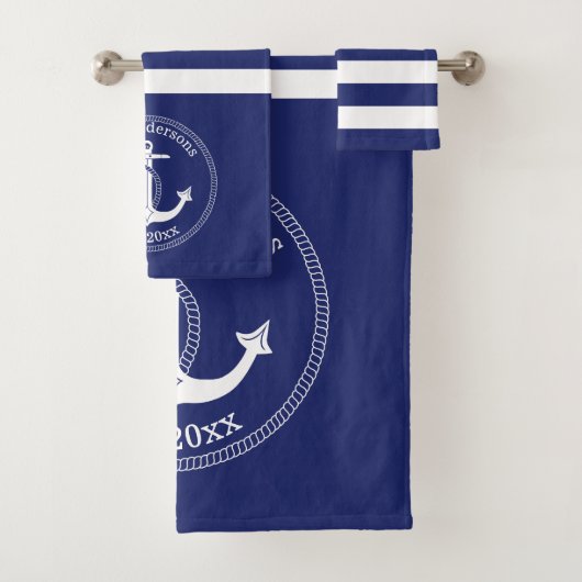 Seeanker-Marine-blaue Streifen-Familien-Monogramm Badhandtuch Set (Insitu)