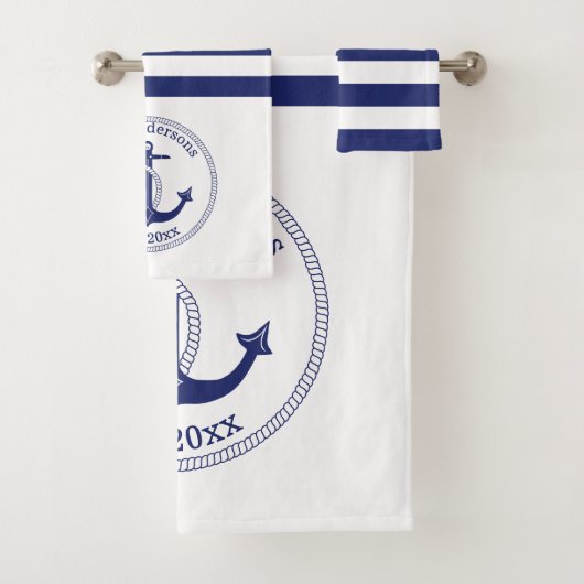 Seeanker-Marine-blaue Streifen-Familien-Monogramm Badhandtuch Set (Insitu)