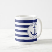 Seeanker-Marine-blaue Streifen-Familienname Kaffeetasse (VorderseiteRechts)