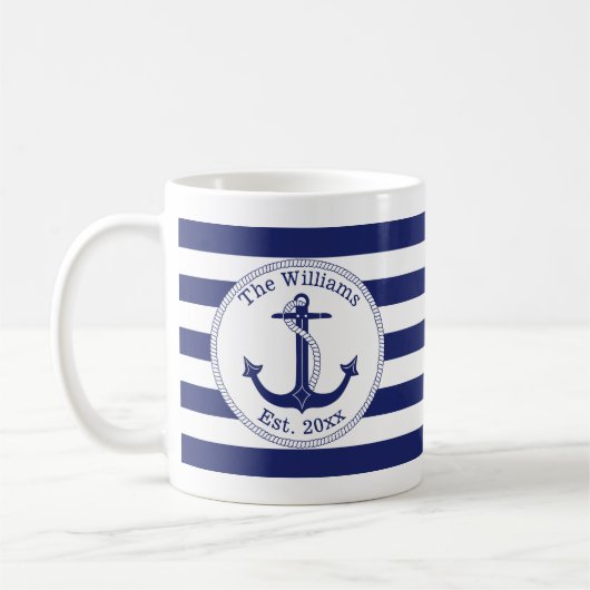 Seeanker-Marine-blaue Streifen-Familienname Kaffeetasse (Links)