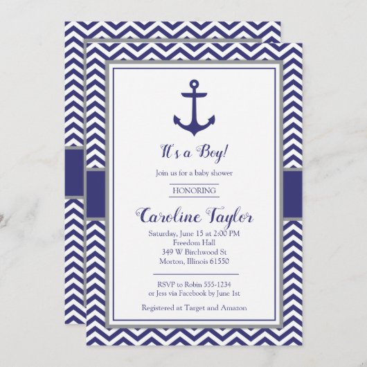 Seeanker-Marine-graue Babyparty-Einladung Einladung (Vorne/Hinten)