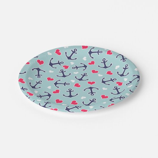 Seeanker und Herz-Muster Pappteller (Schrägansicht)