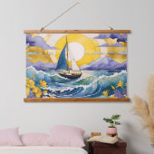 Seebadewasser Segelbootwellen und Blumenwald Wandteppich Mit Holzrahmen (Schlafzimmer)