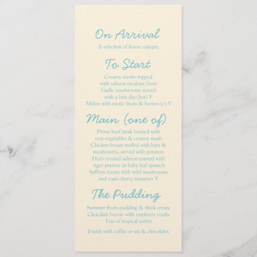 Seeblaues u. Sahnehochzeitsabendessenmenü Menükarte (Rückseite)