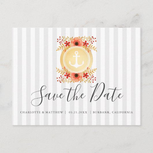 Seeblumengoldanker, der Save the Date Wedding ist Ankündigungspostkarte (Vorderseite)
