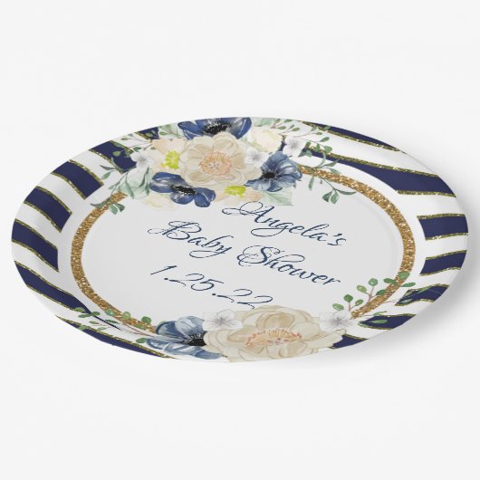 Seeblumenmarine-u. Goldpersonalisierte Dusche Pappteller (Schrägansicht)