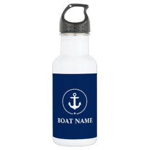 Seeboots-Namen-Anker-Seil-Marine-Blau-Weiß Trinkflasche