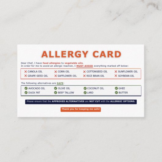 Seed Oil Allergy Card Visitenkarte (Vorderseite)