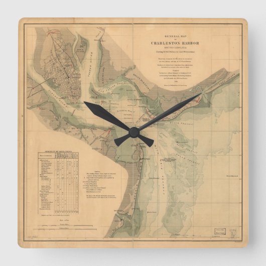 Seediagramm Charleston-Hafen-1865 Quadratische Wanduhr (Vorderseite)