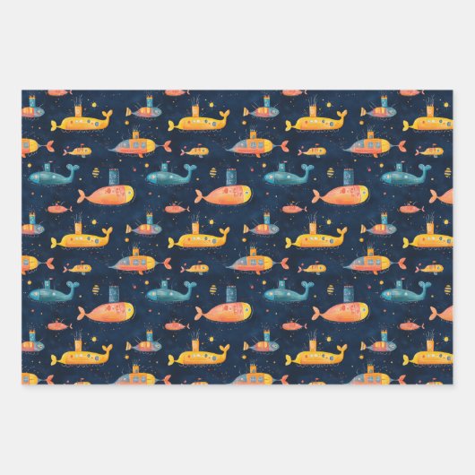 Seefisch, Seestern, Unterseeboot Zeichnend Geschenkpapier Set (Vorderseite 3)
