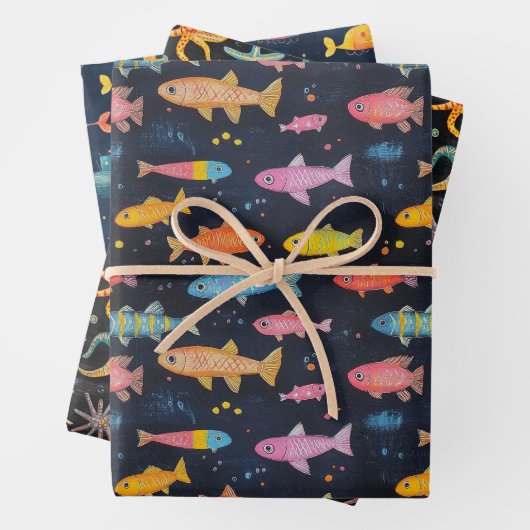 Seefisch, Seestern, Unterseeboot Zeichnend Geschenkpapier Set (Beispiel)