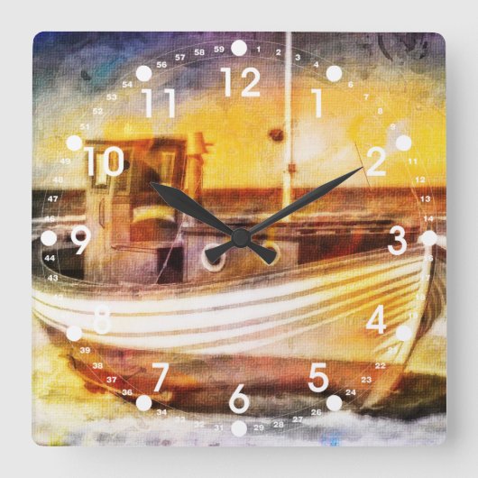 Seefischerboot auf Strand an der Quadratische Wanduhr (Vorderseite)