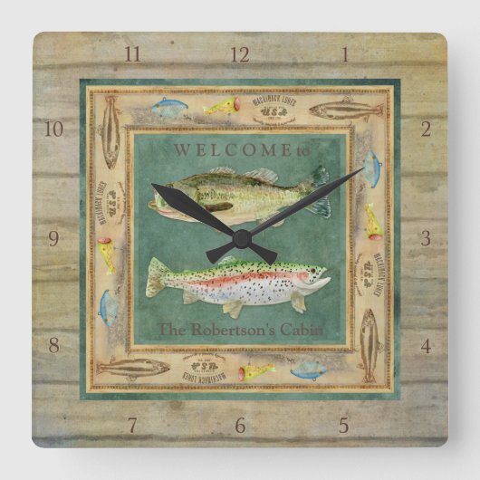 Seefischerei, Große Mouth Bass, Regenbogenforelle  Quadratische Wanduhr (Vorderseite)