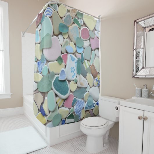 Seeglas, Strandtonwaren, blaues Pastellgrün Duschvorhang (Beispiel)