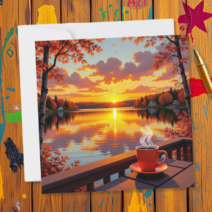 Seehäuschen Sonnenaufgang und warmer Kaffee Karte