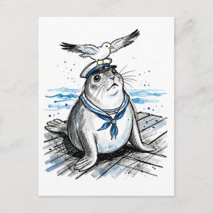 Seehund mit Möwe in mariner Tintenillustration Postkarte
