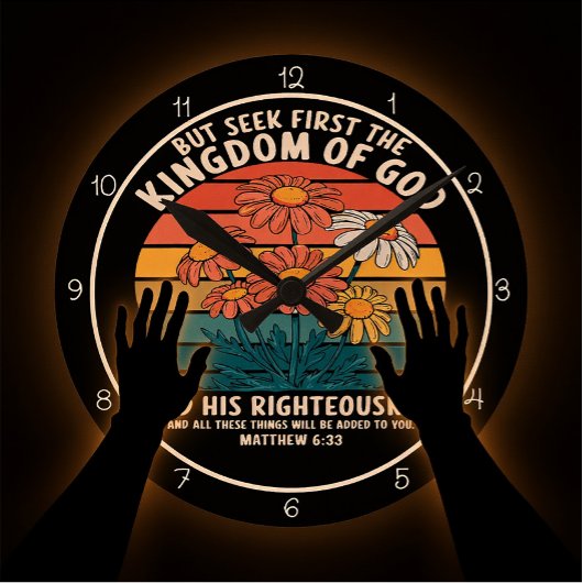 Seek First The Kingdom Of God Floral Graphic Runde Wanduhr