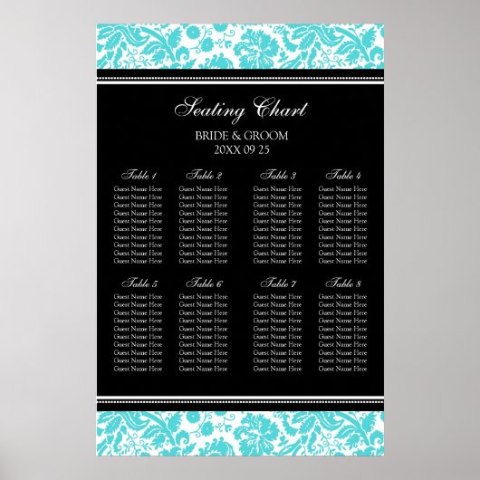 Seekarte 8 Tische Aqua Black Damask Poster (Vorne)