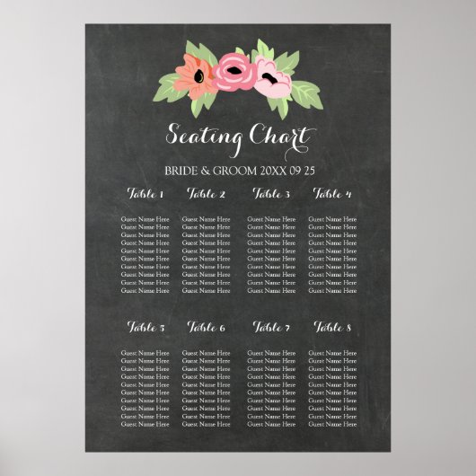 Seekarte 8 Tische Tafel rosa Rosa Blumenmuster Poster (Vorne)