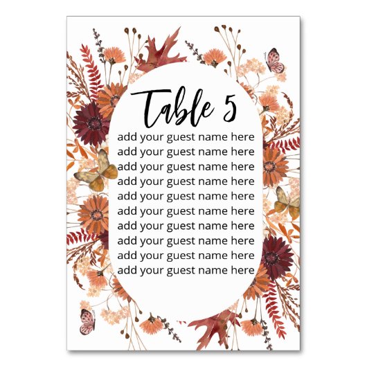 Seekarte Boho Fall rostbordeauxrot Tischnummer (Vorderseite)