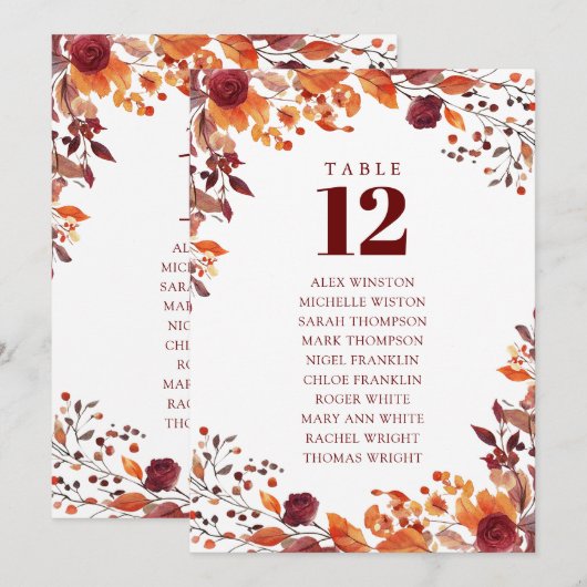 Seekarte der Tischnummer Rustic Fall Floral (Vorne/Hinten)