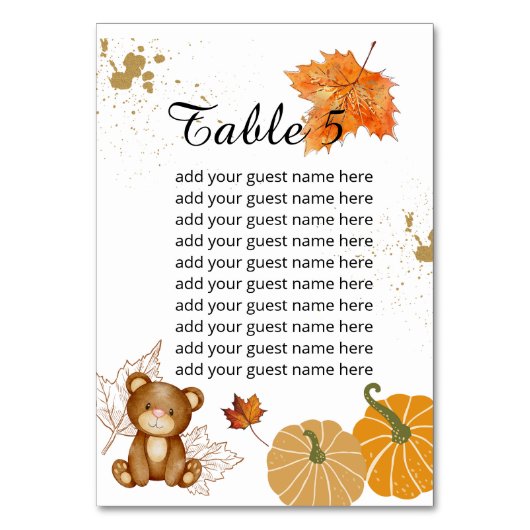 Seekarte Fall Rust Blätter Teddy Bären Pumpkin Tischnummer (Vorderseite)