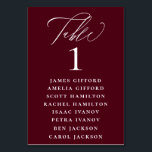 Seekarte für Burgund-Rote Calligrafie Tischnummer<br><div class="desc">Eleganter weißer Kalligraphie-"Tisch",  mit Gästennamen aufgelistet und Tischnummer,  Hochzeitssitzkarte Tischnummer. Hintergrundfarbe in bordeauxrot angezeigt,  kann angepasst werden.</div>