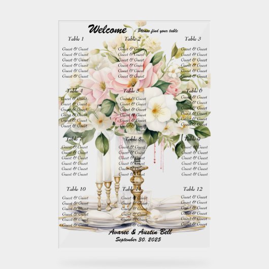 Seekarte für die Hochzeitssitze weiß und rosa Acrylschild (Vorderseite)