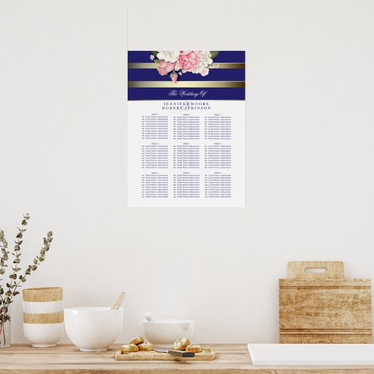 Seekarte für Hochzeiten von Gold Navy und White Fl Poster (Küche)
