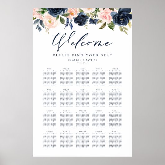 Seekarte für Hochzeitssitze in Navy Blue und Rosa Poster (Vorne)