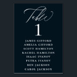 Seekarte für Navy Blue Calligraphy Tischnummer<br><div class="desc">Eleganter weißer Kalligraphie-"Tisch",  mit Gästennamen aufgelistet und Tischnummer,  Hochzeitssitzkarte Tischnummer. Hintergrundfarbe in marineblau angezeigt,  kann angepasst werden.</div>