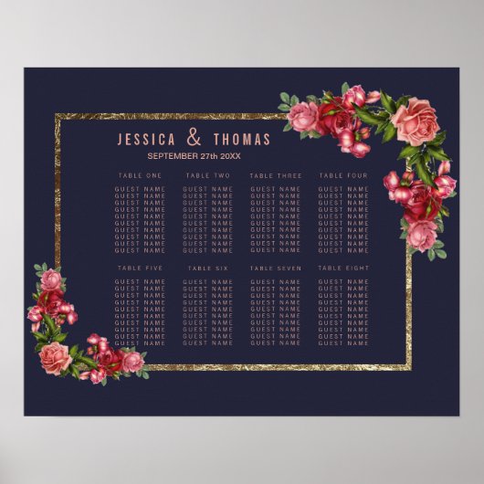 Seekarte für navy Blue Pink Floral Gold Poster (Vorne)