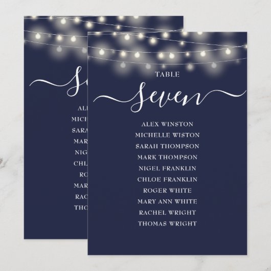 Seekarte für Navy Blue String Lights Tischnummer (Vorne/Hinten)