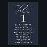 Seekarte für Navy Blue White Calligraphy Tischnummer<br><div class="desc">Eleganter weißer Kalligraphie-"Tisch",  mit Gästennamen aufgelistet und Tischnummer,  Hochzeitssitzkarte Tischnummer. Hintergrundfarbe in marineblau angezeigt,  kann angepasst werden.</div>