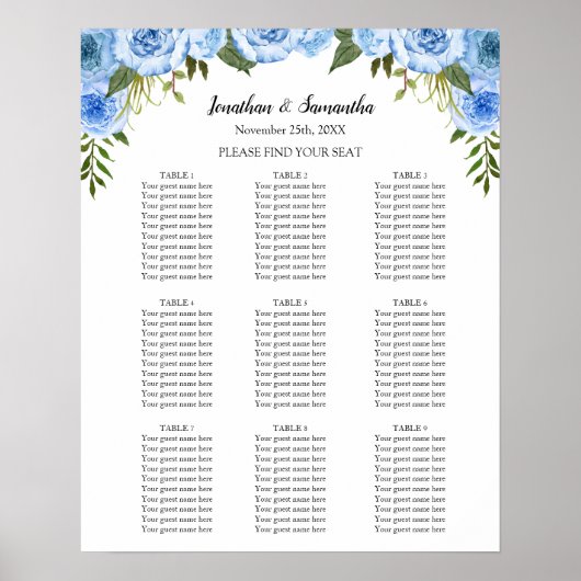 Seekarte Hochzeitfeier Blaue Blumen Zeichen Poster (Vorne)