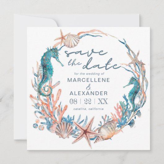 Seekranz | Hochzeit von Aquarellstrand Save The Date (Vorderseite)