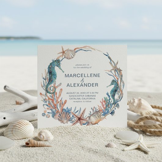 Seekranz | Seepferd und Muscheln Beach Wedding Einladung